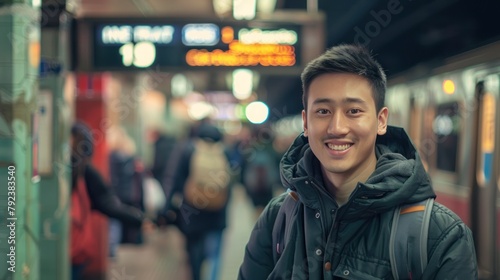 During his check out at the subway station, a young man smiles.