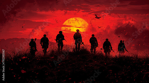 Silhouetted soldiers with flag against dramatic sunset on Day of Valor, Generative AI.	