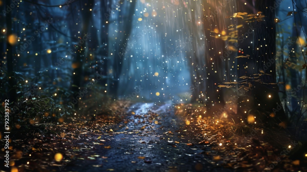 A mystical pathway through a forest illuminated by falling stars, with raindrops glistening like diamonds on leaves.