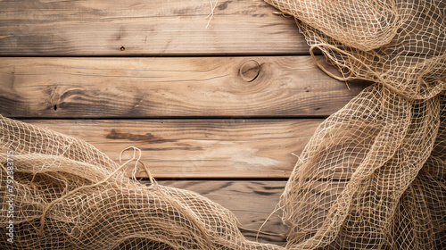 a light wooden background with a weathered, rustic appearance, displaying natural grain, knots, and scattered nail heads. A section of a fishing net overlays the wooden backdrop