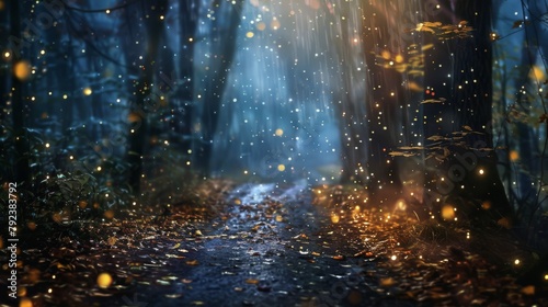 A mystical pathway through a forest illuminated by falling stars, with raindrops glistening like diamonds on leaves.