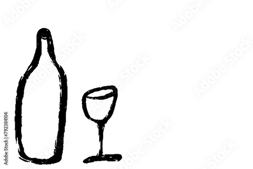 筆で描いたシンプルなワインボトルとワイングラスのイラスト