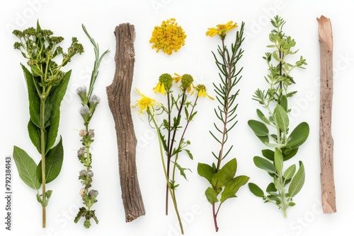 Medicinal and magical herbs for healing potions spells elecampane wormwood woodruff sandalwood White background Top left to bottom right photo