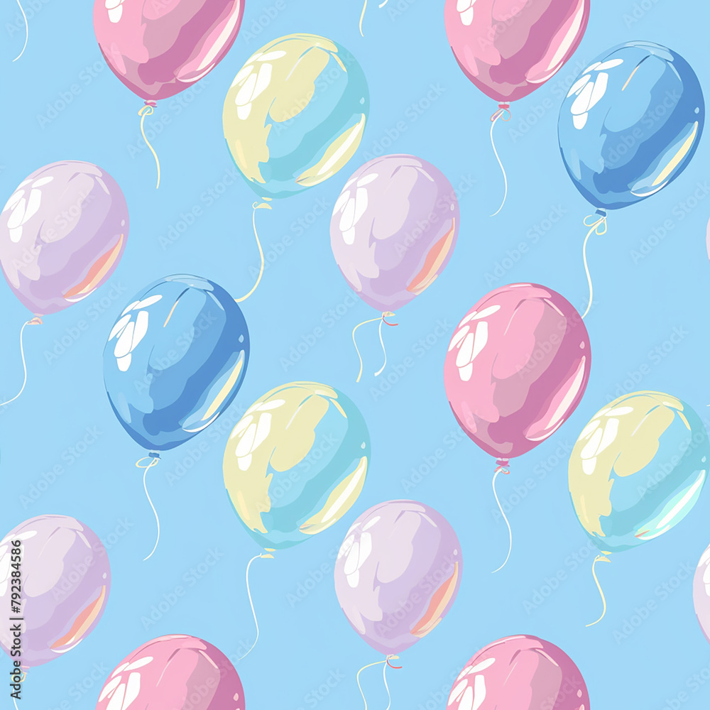 Whimsical balloons floating on a light blue sky in pastel colors