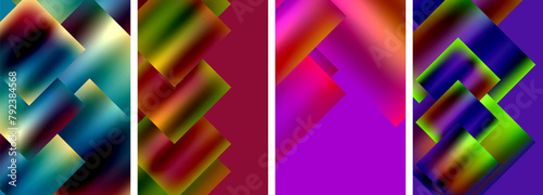 Colorfulness is displayed in the geometric pattern of Purple rectangles, Violet, Pink, and Magenta hues against Electric blue backgrounds, creating a visually striking design