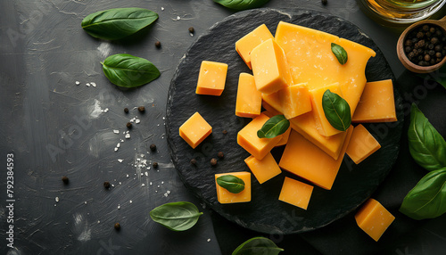 Board with pieces of tasty cheddar cheese and basil on black stone background photo