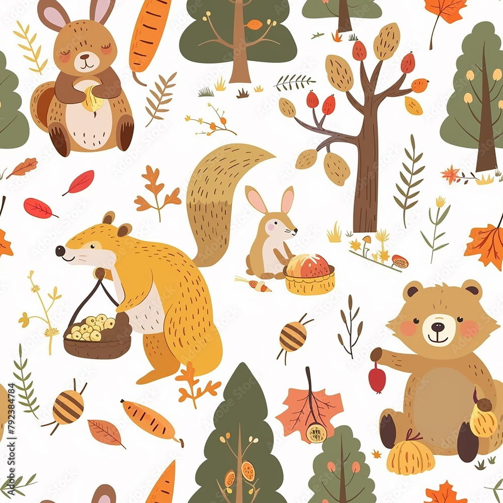 Autumn woodland creatures with leaves and acorns in a playful pattern
