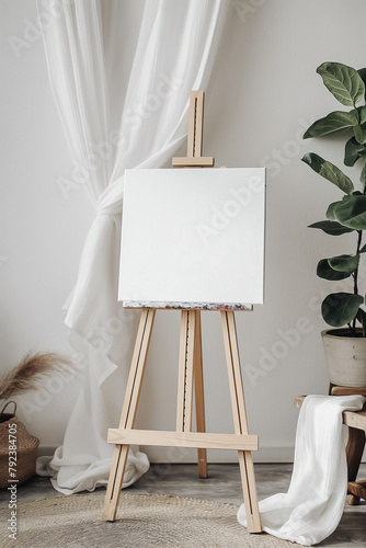 A white background with a wooden easel and a blank canvas on it. The scene depicts an artist's studio with an easel and canvas ready for painting photo
