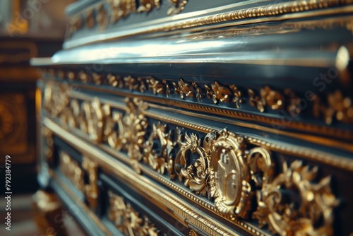 Metal casket with gold decorations captured in a close up within a chapel or funeral home prior to burial at a cemetery photo