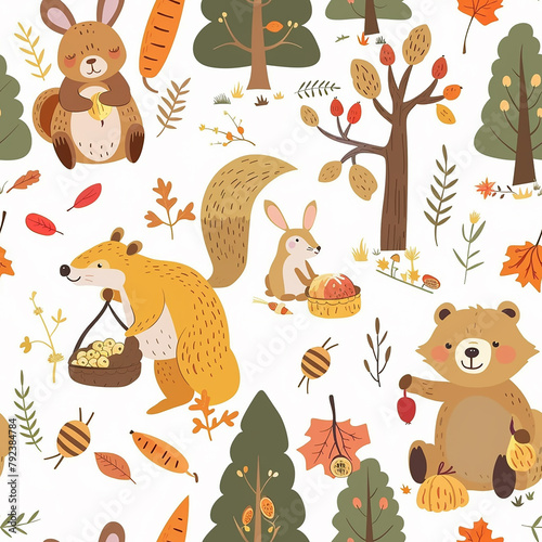 Autumn woodland creatures with leaves and acorns in a playful pattern