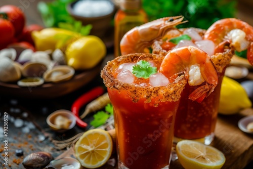 Mexican cocktail with Michelada beer tomato juice shrimps clams and lemon in Mexico