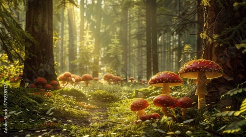 A peaceful forest scene with an array of fungi, showcasing the beauty of nature's diversity