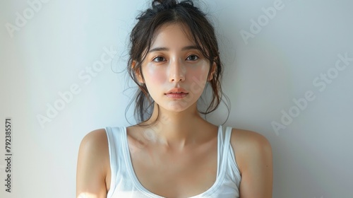 Beautiful natural Japanese women wear white tank top, white background. Generative AI. © visoot