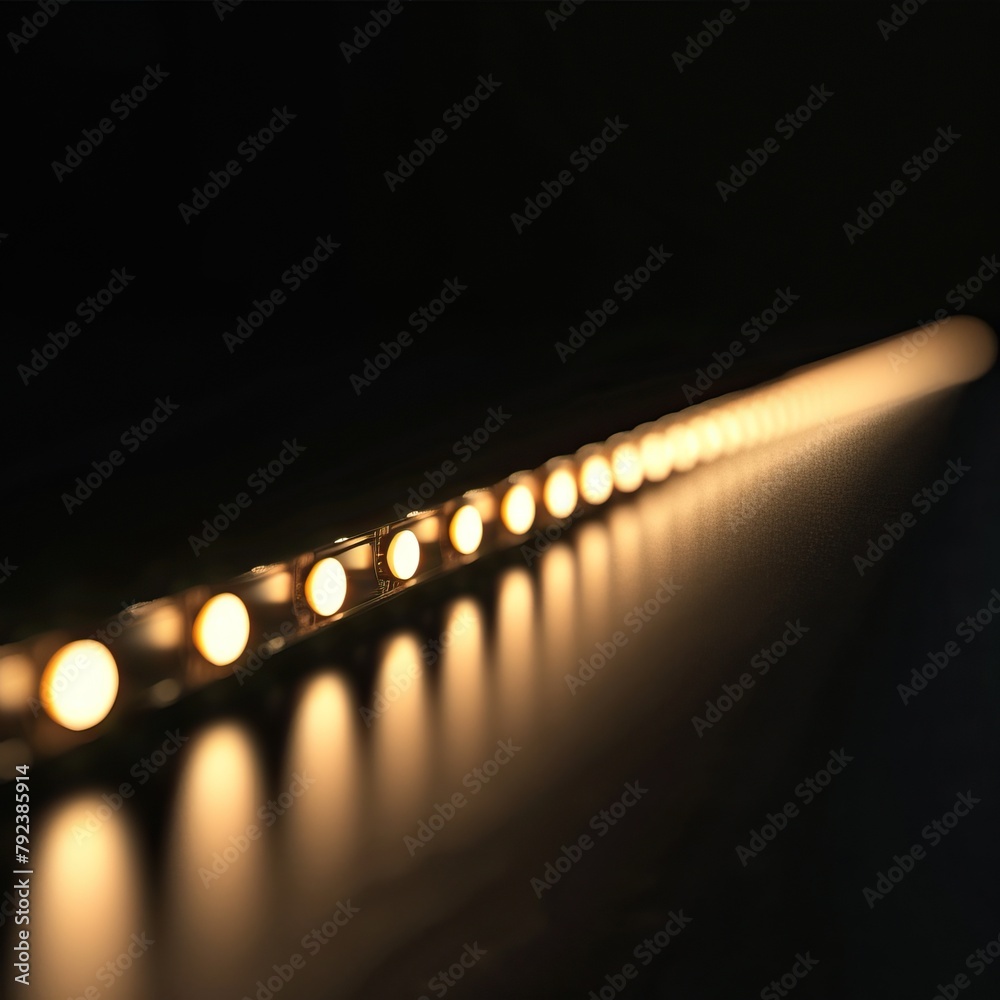 Warm yellow LED strip lights glowing in the dark. Warm yellow LED strip lights glowing in the dark.