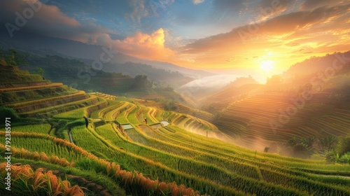 A picturesque sunset over vast rice terraces, with farmers working tirelessly in the fields below, harvesting the bountiful crop.