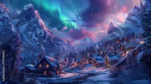 A picturesque village nestled in a valley, with the northern lights painting a vibrant canvas above the snow-capped rooftops. photo