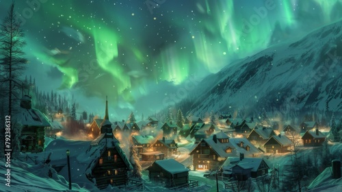 A picturesque village nestled in a valley, with the northern lights painting a vibrant canvas above the snow-capped rooftops. photo
