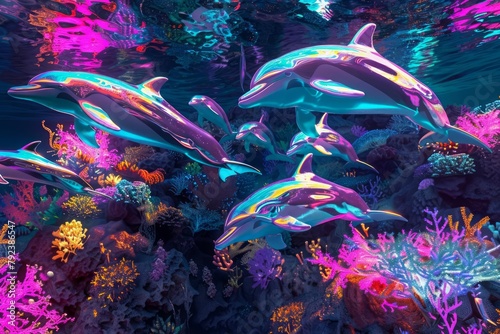 A pod of neon dolphins leaps through a neon coral reef Their bodies pulse with vibrant shades of neon turquoise, neon pink, and neon yellow, a mesmerizing spectacle as they dance through the crystalcl