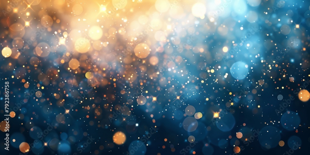 A mesmerizing background of sparkling blue and gold bokeh light dots, evoking a magical festive mood.