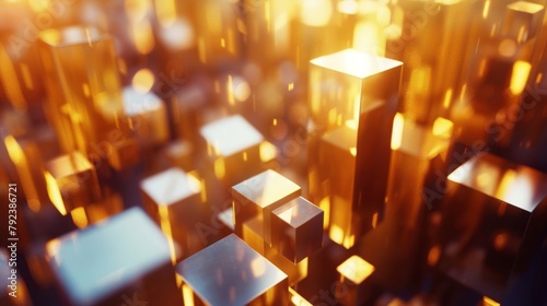 Golden cubes shimmering with light in a conceptual abstract background, invoking a sense of luxury and innovation. photo