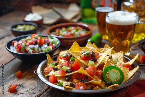 Mexican nachos with chips black bean jalapeno guacamole salsa cheese and bottled beer On a table photo