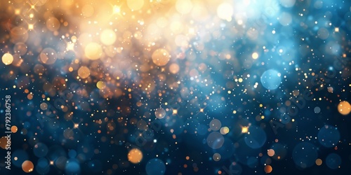 A mesmerizing background of sparkling blue and gold bokeh light dots, evoking a magical festive mood.