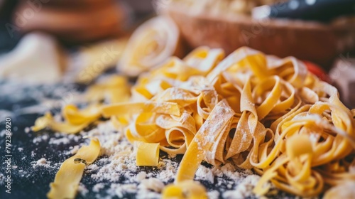Close-up of freshly made fettuccine pasta with flour dusting, emphasizing homemade culinary art.