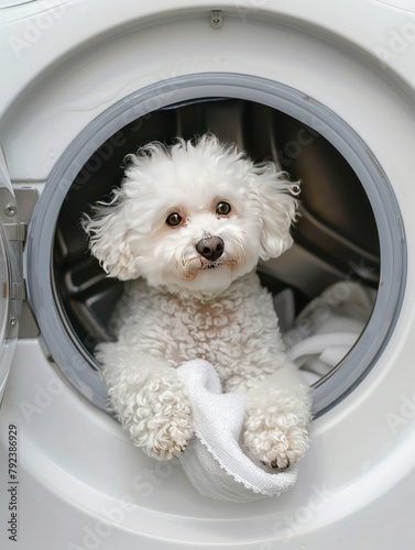 Bichon Frise dog puppy inside the washing