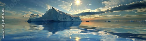 Iceberg under the late afternoon sun, its reflection in the ocean waters casting a spell of cold beauty photo