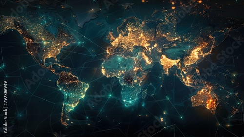 World map with glowing connections, illustrating global connectivity