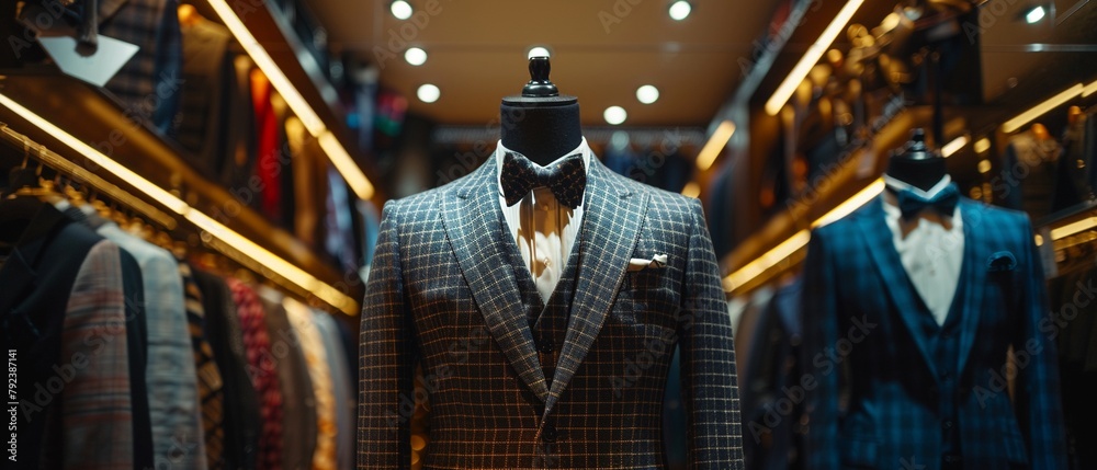Luxury apparel in a highend fashion boutique, elegant mannequins dressed in bespoke suits and evening dresses, luxurious fabrics like silk and velvet dominating Luxury apparel in a highend fashion boutique, elegant mannequins dressed in bespoke suits and evening dresses, luxurious fabrics like silk and velvet dominating