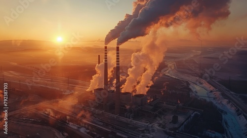 A power plant emitting plumes of smoke into the atmosphere, symbolizing the ongoing reliance on fossil fuels and their contribution to climate change. photo