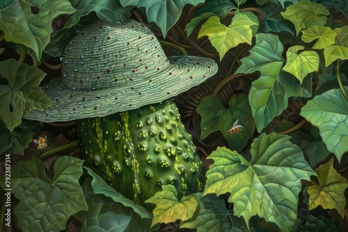 Beneath a patchwork of leaves, a shy cucumber wears a speckled sunhat, peeking out timidly at the buzzing bees above