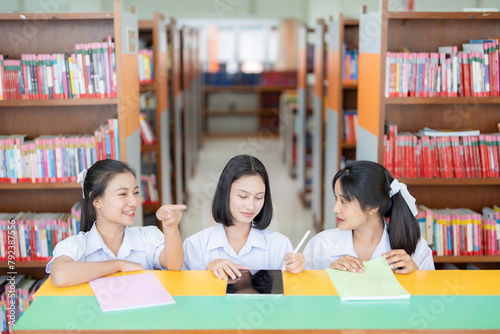 Group of 3 Asian students, friends in the same class sitting and working in the library On the table were iPads and books to work together to prepare for university entrance exams in the future.