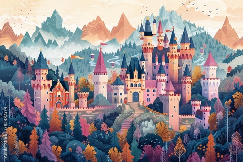 Vector illustration of a storybook kingdom, with castles, dragons, knights, and enchanted forests, in a colorful and detailed style