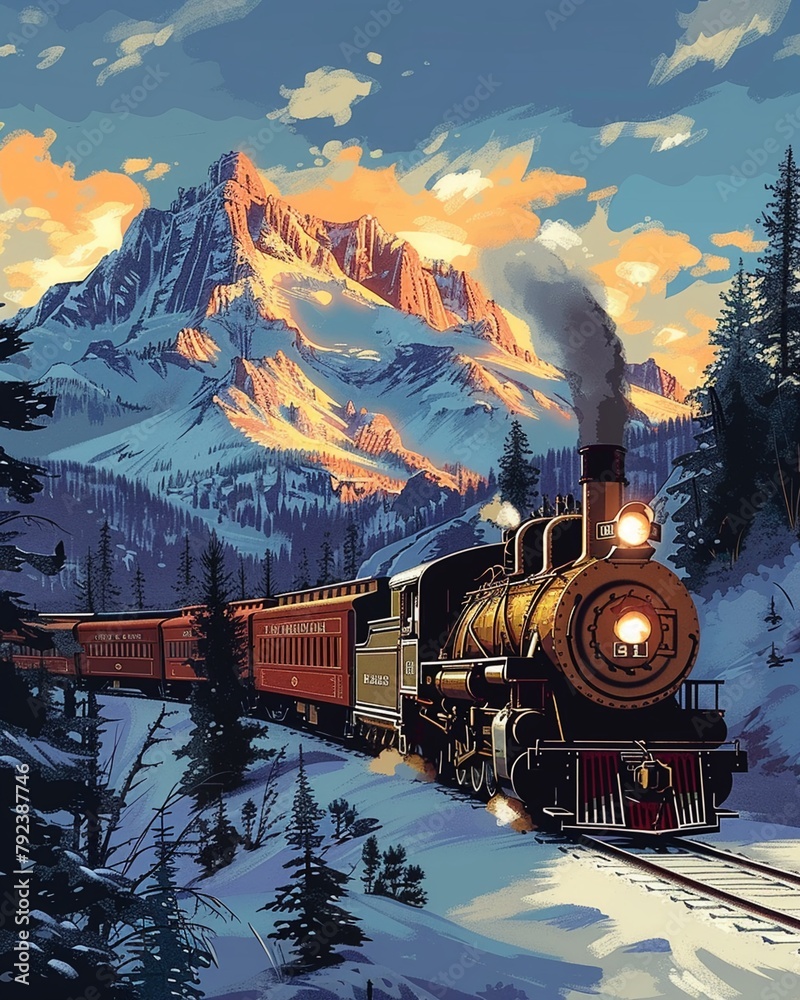 Vector illustration of a vintage train journey through the Rocky Mountains, showcasing historical locomotives, rugged landscapes, and the romance of rail travel - obrazy, fototapety, plakaty 