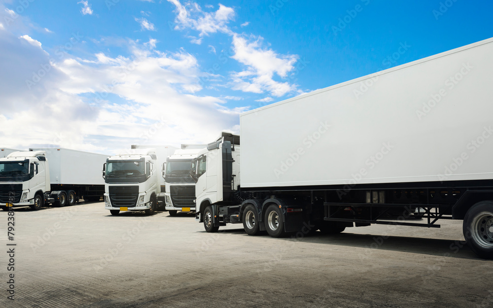 Semi Trailer Trucks on The Parking Lot. Container Shipping Tractor Truck. Trucking. Lorry Diesel Trucks. Freight Truck Logistics Cargo Transport.	