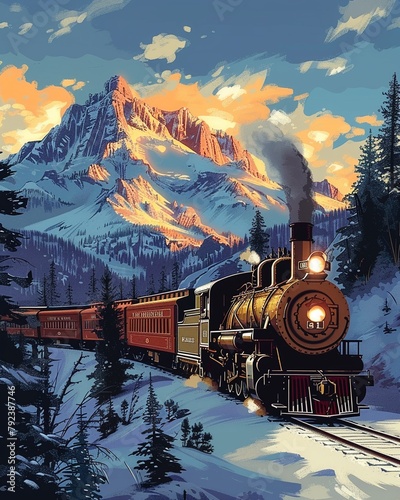 Vector illustration of a vintage train journey through the Rocky Mountains, showcasing historical locomotives, rugged landscapes, and the romance of rail travel photo