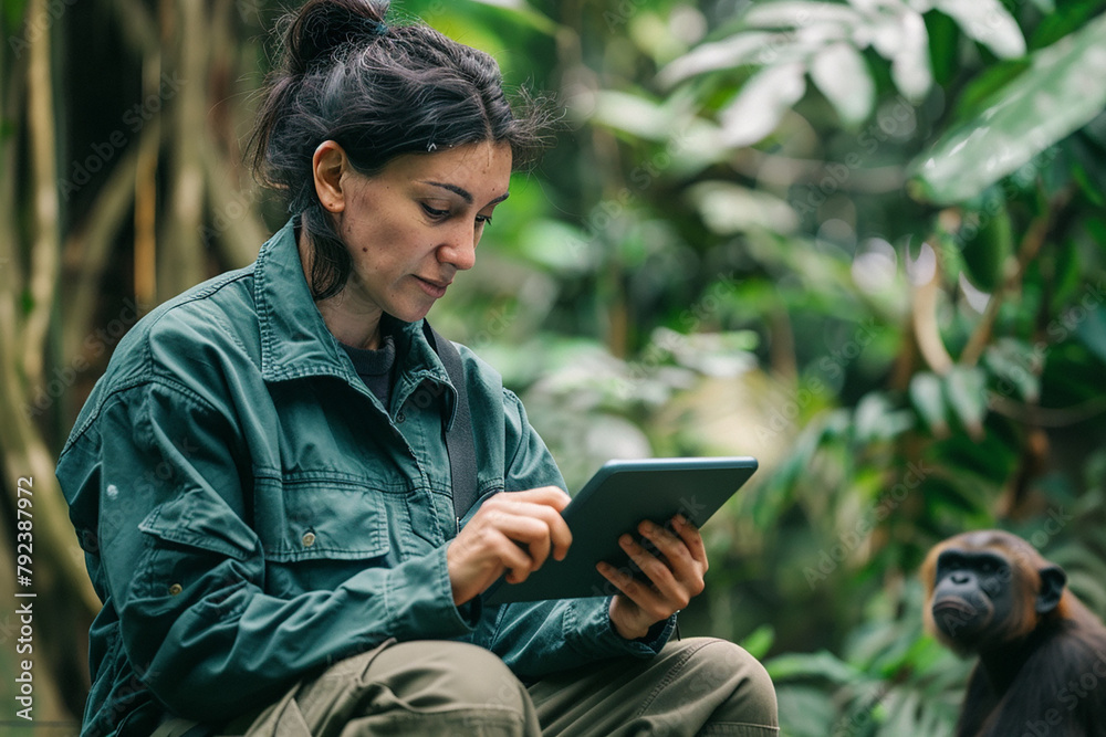 Obraz premium A woman is sitting on the ground and looking at a tablet