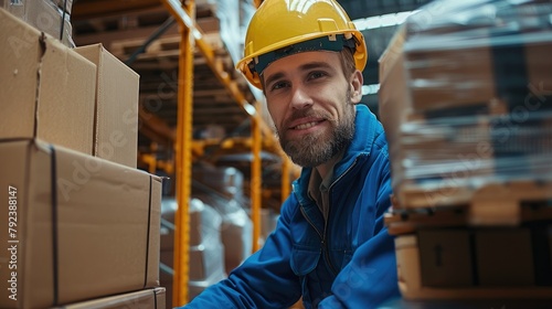 Smile warehouse worker wearing a blue uniform and a yellow helmet, opening and looking into a cardboard box. Generative AI. © visoot