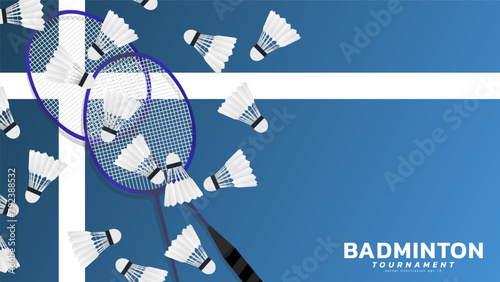 Badminton racket with white badminton shuttlecock n blue background ,vector sports illustration poster or banner style, illustration Vector EPS 10