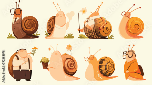 Set of cute gentleman snail in waistcoat activities photo