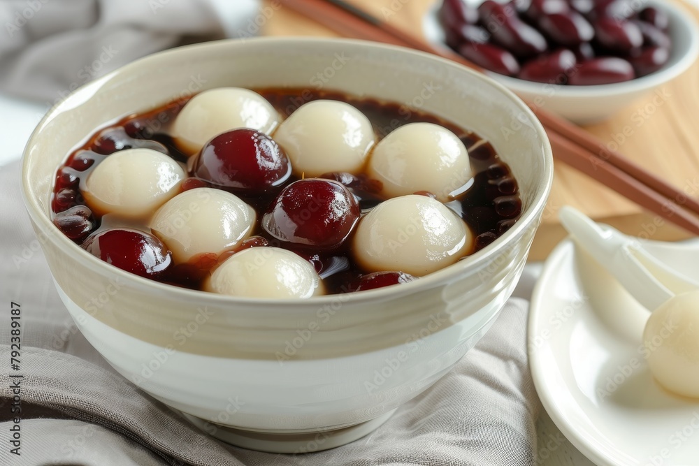 Red and white tangyuan with sweet red bean soup in a bowl for the Winter solstice festival Red and white tangyuan with sweet red bean soup in a bowl for the Winter solstice festival