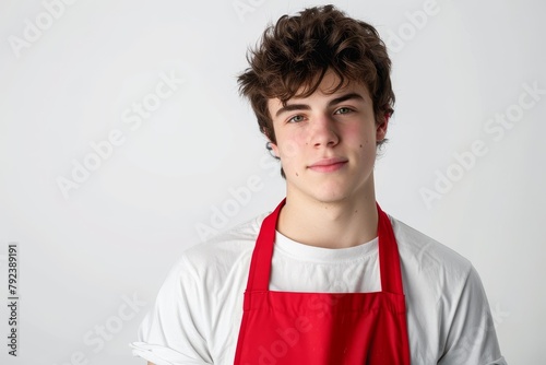 Red aproned young man against white backdrop photo