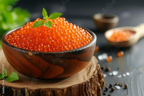 Red caviar nestled in a bowl on a wooden table