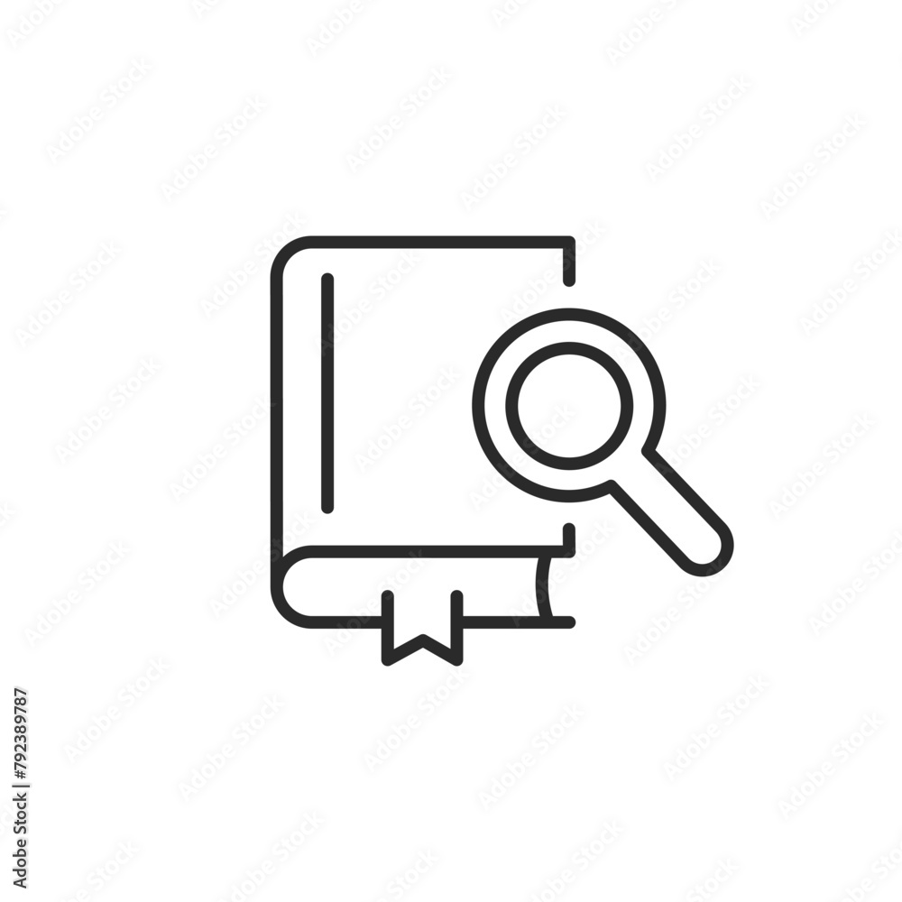 Research book icon. Simple icon ideal for educational platforms and academic websites, representing a book with a magnifying glass, symbolizing study and investigation. Vector illustration Research book icon. Simple icon ideal for educational platforms and academic websites, representing a book with a magnifying glass, symbolizing study and investigation. Vector illustration