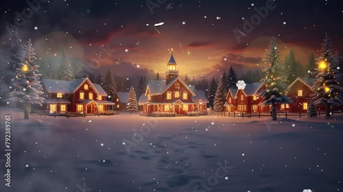 Experience the holiday magic with a 4K loop: cozy house, snowy trees, and a sparkling Christmas tree at night photo