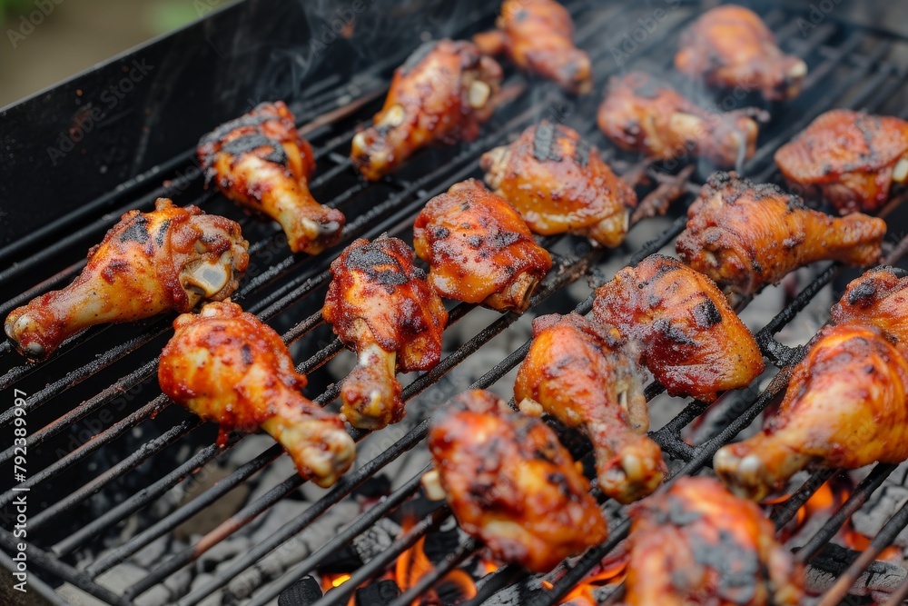 Spicy chicken legs and wings cooked on portable barbecue with chili sauce