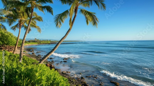 A serene beach with palm trees swaying in the breeze  overlooking the vast expanse of the Pacific Ocean under a clear blue sky.