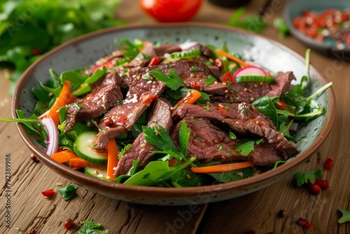 Spicy beef salad with vegetables and greens on a wooden table